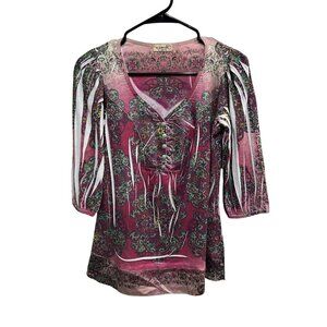 One World Paisley Print Button Accents V-Neck Casual Tunic Top Size Medium Boho